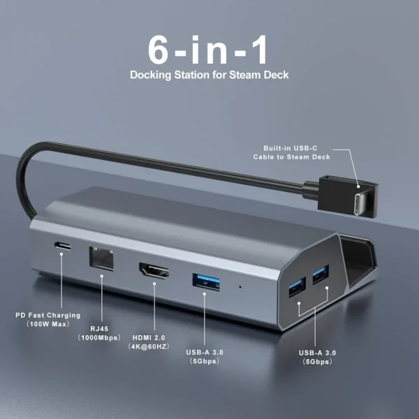 BEYIMEI Docking Station for Steam Deck, 6-in-1 Aluminium Steam Deck Dock with HDMI 2.0 4K@60Hz+3-Port USB-A 3.0+1000Mbps Gigabit Ethernet+100W PD Quick Charge Multiport Adapter for Valve Steam Deck