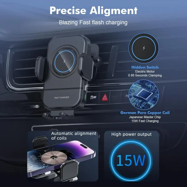 BEYIMEI 15W Fast Wireless Car Charger Mount - Wireless Charging Car Mount Auto-Clamping.Phone Holder Quick Charging for 9/10/11/12/13/14/15 Pro/MAX/XS/XR/X/8/Plus Samsung Galaxy