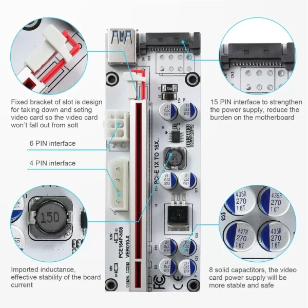 BEYIMEI Mining Riser Card,PCI-E 1X to 16X Adapter Card,with 0.6 m USB 3.0 Extension Cable,6PIN / 4PIN / SATA Interface, for Bitcoin, Crypto Mining Ethereum Mining ETH (VER010-X,1 Pack)