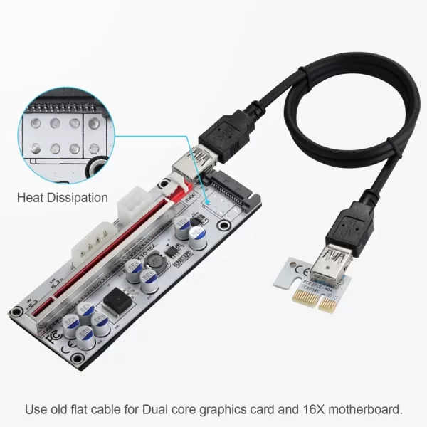 BEYIMEI Mining Riser Card,PCI-E 1X to 16X Adapter Card,with 0.6 m USB 3.0 Extension Cable,6PIN / 4PIN / SATA Interface, for Bitcoin, Crypto Mining Ethereum Mining ETH (VER010-X,1 Pack)