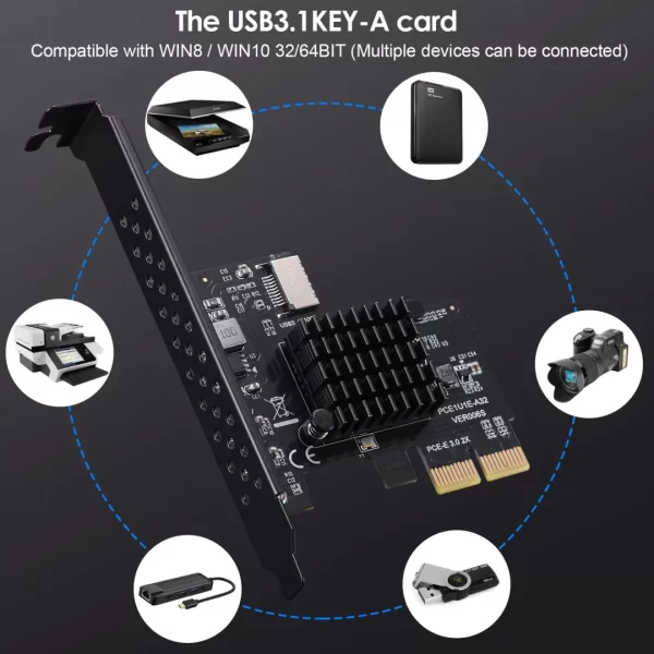 BEYIMEI PCI-E 2X to USB3.1 A-Key Gen2 Front Type-C Expansion Card,10Gbps Type-E Internal 20-pin Front Panel Connector Riser Card,PCI Express 3.0 X2 Adapter for Desktop PCs (ASM3142)