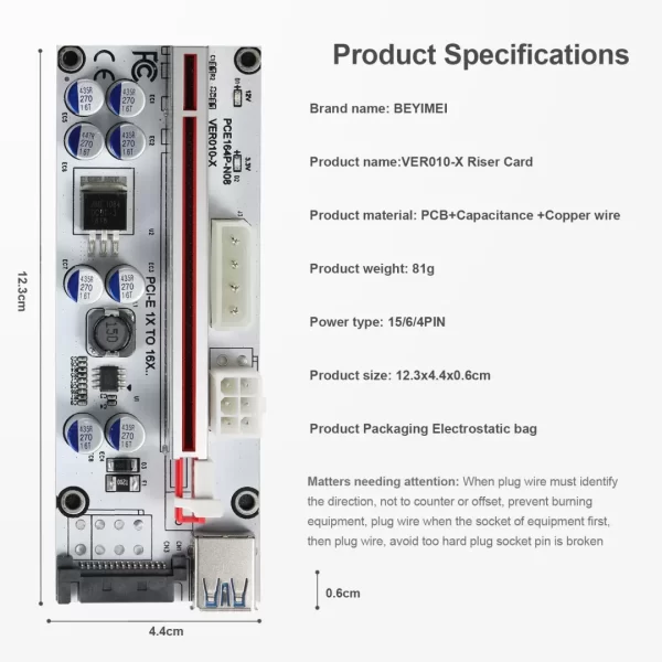 BEYIMEI Mining Riser Card,PCI-E 1X to 16X Adapter Card,with 0.6 m USB 3.0 Extension Cable,6PIN / 4PIN / SATA Interface, for Bitcoin, Crypto Mining Ethereum Mining ETH (VER010-X,1 Pack)