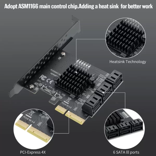BEYIMEI PCIe 4X SATA Card 6 Ports,SATA III 6 Gbps Controller Expansion Card, ASM1166/SATA 3.0 Non-Raid,with 6 SATA Cables, (Support 6 SATA 3.0 Devices)
