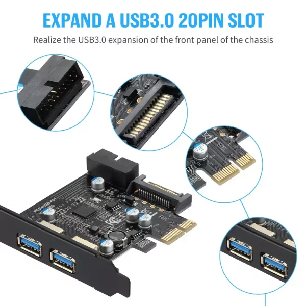 BEYIMEI PCI-E to USB 3.0 2-Port Expansion Card, with 15-pin SATA Power Connector and 19-pin USB3.0 Interface, Suitable for Desktop Windows XP/Vista / 7/8/10 / Linux/Ubuntu（2X Type a）