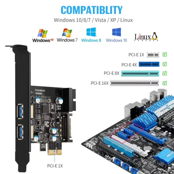 BEYIMEI PCI-E to USB 3.0 2-Port Expansion Card, with 15-pin SATA Power Connector and 19-pin USB3.0 Interface, Suitable for Desktop Windows XP/Vista / 7/8/10 / Linux/Ubuntu（2X Type a）