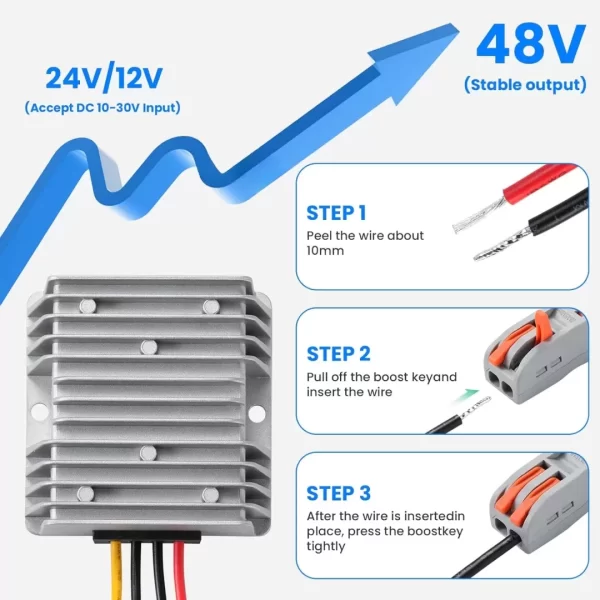 BEYIMEI DC 12V to 48V 5A Step-Up Converter ，with Fuse Regulator Boost Power Converter Waterproof Transformer for Golf Cart Trucks, Boats, and Solar Systems.