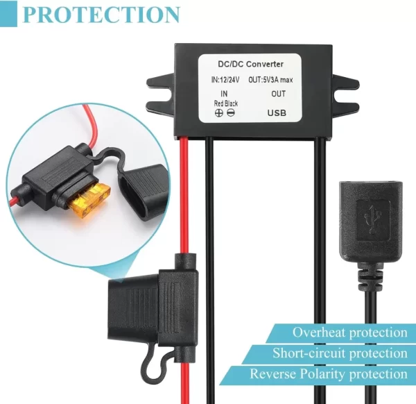 BEYIMEI DC USB Buck Converter 12V 24V to 5V 3A with Output Power Adapter Car Power Converter Reduce for Car Audio, LED, Car Recorder.