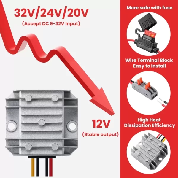 BEYIMEI DC 9-32V to 12V5A, Voltage stabilized Converter Regulator with Quick Connection Cable, DC to DC Adapter Stabilizer,Waterproof Regulated DC Power Supply for Golf Cart Club Car LED Light.