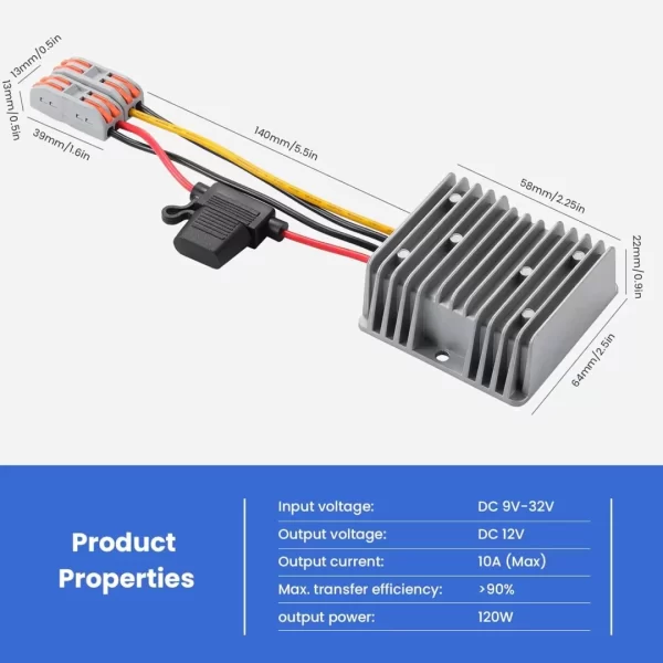 BEYIMEI DC9-32 to 12V/10A Voltage Stabilizer with Quick Connection Cable, DC to DC Adapter Stabilized Converter，Waterproof Stabilized Converter for Golf Car, Forklifts.