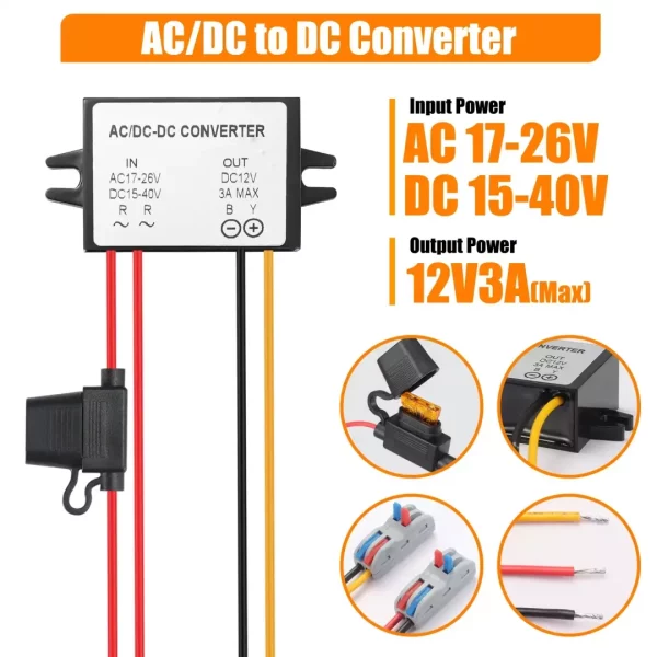 BEYIMEI Voltage Convertor AC 24V to DC 12V Buck Voltage Waterproof Power Module with Fuse for Car Step Down Converter (3A)