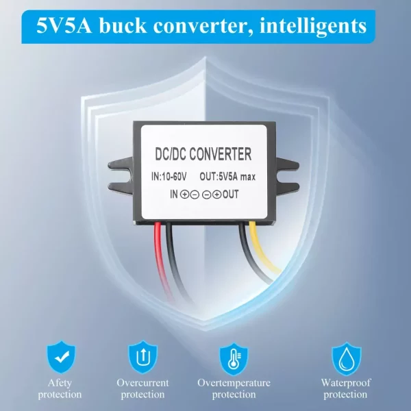 BEYIMEI Voltage Reducer DC Converter 10-60V 12V/24V/36v/48V to 5V5A Buck Converter