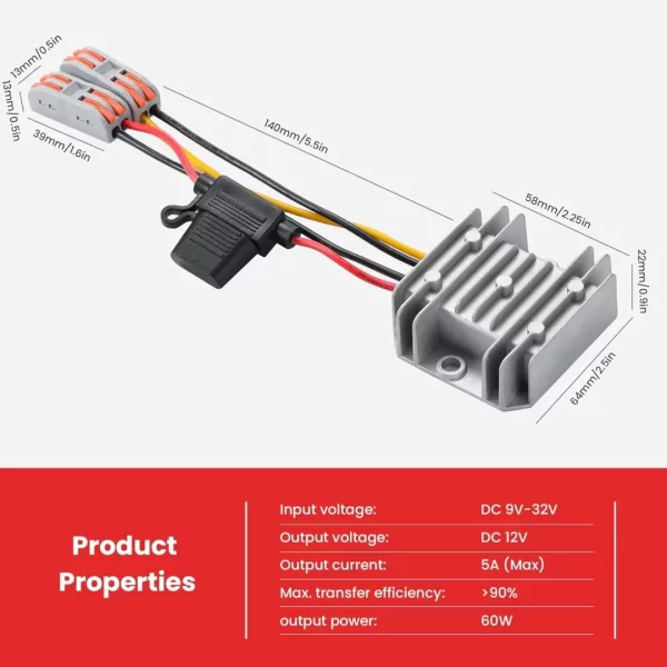 BEYIMEI DC 9-32V to 12V5A, Voltage stabilized Converter Regulator with Quick Connection Cable, DC to DC Adapter Stabilizer,Waterproof Regulated DC Power Supply for Golf Cart Club Car LED Light.