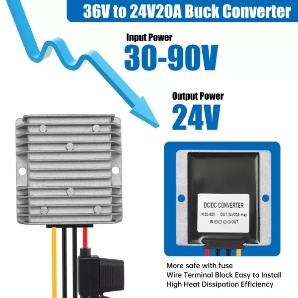 BEYIMEI Voltage Reducer,DC to DC Converter 30-90V 24V/48V/60V/72V to  24V20A