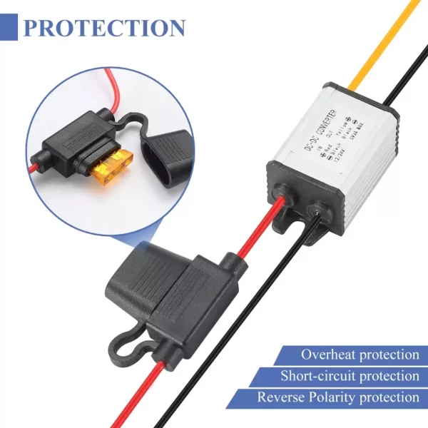 DC Step Down Converter 8-32V 12V/24V to 5V3A Voltage Waterproof Transformer with Fuse