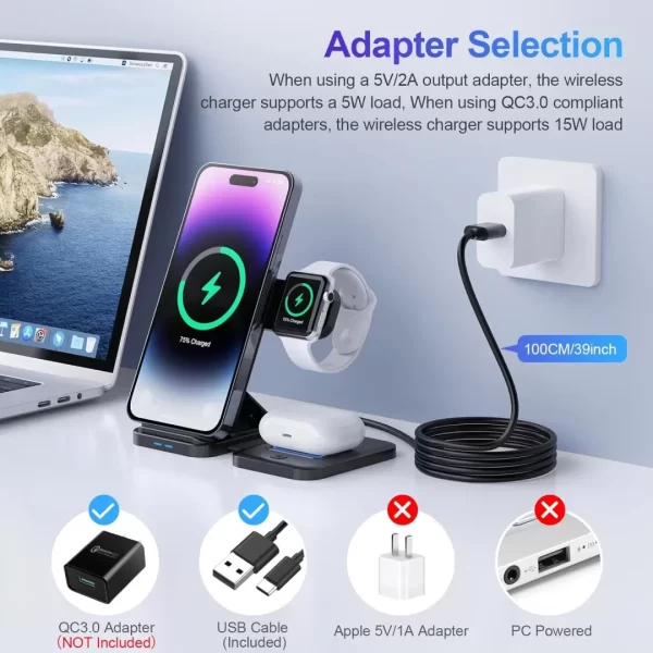 BEYIMEI Cell Phone Wireless Chargers,3 in 1 Charging Station for Multiple Devices for iPhone 15 14 13 12 11 Pro Max XR XS 8 Plus, for Apple Watch 8 7 6 5 4 3 2 SE,for AirPods Pro 3 2