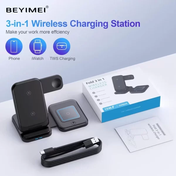 BEYIMEI Cell Phone Wireless Chargers,3 in 1 Charging Station for Multiple Devices for iPhone 15 14 13 12 11 Pro Max XR XS 8 Plus, for Apple Watch 8 7 6 5 4 3 2 SE,for AirPods Pro 3 2