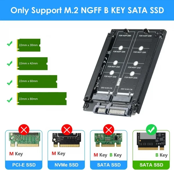 BEYIMEI M.2 NGFF to SATA3.0 Adapter Card, Dual M.2 B-Key SSD to 6G Interface Adapter Card, SATA to Dual M.2 SATA 2.5'' SSD (JBOD)