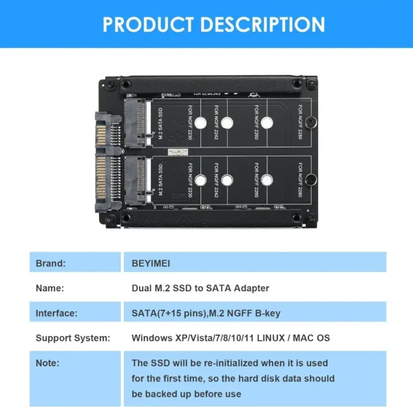BEYIMEI M.2 NGFF to SATA3.0 Adapter Card, Dual M.2 B-Key SSD to 6G Interface Adapter Card, SATA to Dual M.2 SATA 2.5'' SSD (JBOD)