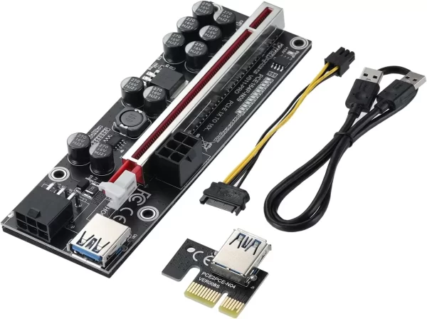 BEYIMEI PCI-E 1X to 16X Riser Card, 10 Capacitors,for Bitcoin Ethereum Mining ETH,with 0.6 m USB 3.0 Extension Cable & 6PIN SATA Power Cable - GPU Extender Riser Card - (V011-PRO,1 Pack)