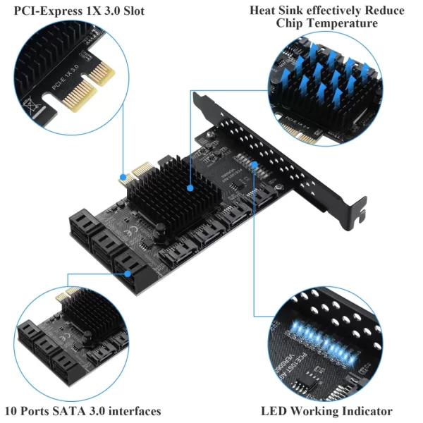 BEYIMEI PCIE 1X SATA Card 10 Ports,6 Gbps SATA 3.0 Controller PCIe Expansion Card,Non-Raid,Support 10 SATA 3.0 Devices,with Low Profile Bracket and 10 SATA Cables（Chip:ASM1166）