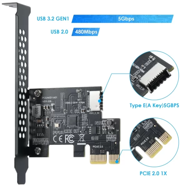 BEYIMEI PCI-E 1X to USB 3.2 GEN1 5Gbps Type-E A-Key Expansion Card,Front Panel Type-C Interface for Desktop PC(ASM1042A)