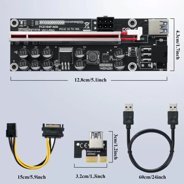 BEYIMEI PCI-E 1X to 16X Riser Card, 10 Capacitors,for Bitcoin Ethereum Mining ETH,with 0.6 m USB 3.0 Extension Cable & 6PIN SATA Power Cable - GPU Extender Riser Card - (V011-PRO,1 Pack)