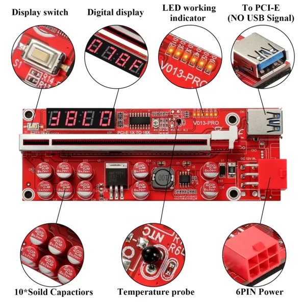 BEYIMEI PCI-E 1X to 16X Riser Card, 10 Capacitors,PCI-E Riser for Bitcoin Litecoin Ethereum Mining ETH,with USB 3.0 Extension Cable, 6PIN SATA Power Cable - GPU Extender Riser Card - (V013-PRO,1 Pack)