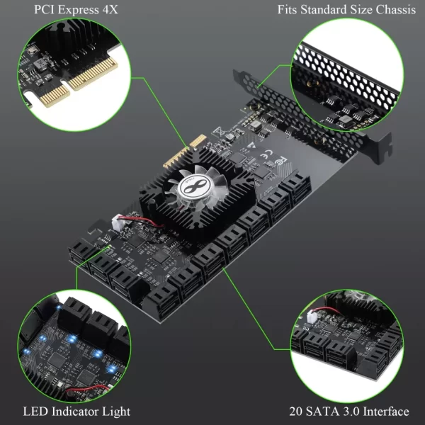 BEYIMEI PCI-E 4X SATA Card 20 Ports, PCI Express SATA Controller Expansion Card, 6 Gbit/s SATA 3.0 PCIe Card Without Raid, Boot as System Disk Support HDD or SSD