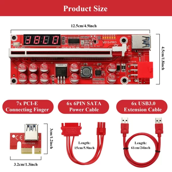 BEYIMEI PCI-E 1X to 16X Riser Card, 10 Capacitors,PCI-E Riser for Bitcoin Litecoin Ethereum Mining ETH,with USB 3.0 Extension Cable, 6PIN SATA Power Cable - GPU Extender Riser Card - (V013-PRO,1 Pack)