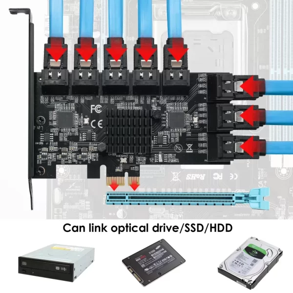 BEYIMEI PCIE SATA Card 16 Ports, 6 Gbit/s SATA 3.0 PCIe Card, PCIe to SATA Controller Expansion Card, Boot as System Hard Drive, Suitable for All PCIE Slots (JMB575 + ASM1064)