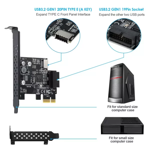 BEYIMEI PCI-E 1X to USB 3.2 GEN1 5Gbps 20pin Front Panel Header (to Type-c Front Panel Header) + USB 3.0 19Pin Socket Expansion Card,Type-E Internal 20-pin Front Panel Connector Riser Card