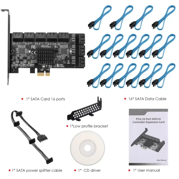 BEYIMEI PCIE SATA Card 16 Ports, 6 Gbit/s SATA 3.0 PCIe Card, PCIe to SATA Controller Expansion Card, Boot as System Hard Drive, Suitable for All PCIE Slots (JMB575 + ASM1064)
