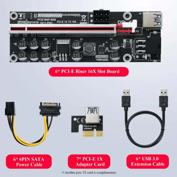 BEYIMEI PCI-E 1X to 16X Riser Card, 10 Capacitors,for Bitcoin Ethereum Mining ETH,with 0.6 m USB 3.0 Extension Cable & 6PIN SATA Power Cable - GPU Extender Riser Card - (V011-PRO,1 Pack)