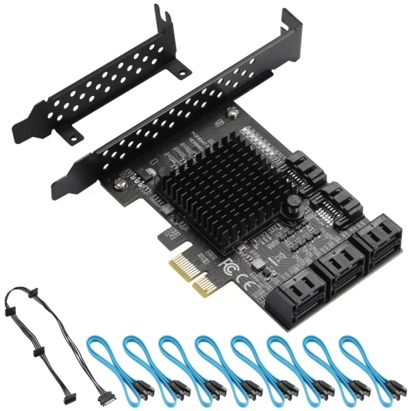 BEYIMEI PCIe SATA Card 8 Ports, with 8 SATA Cables, Power Splitter Cable andLow Profile Bracket,SATA 3.0 Controller Expansion Card, PCI-E X1 3.0 Gen3 (6Gbps) Controller Card (ASM1064+JMB575)