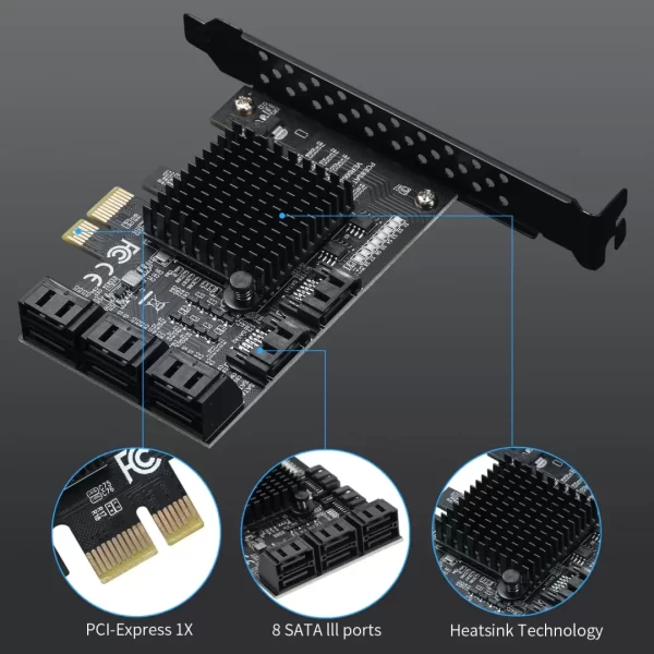 BEYIMEI PCIe SATA Card 8 Ports, with 8 SATA Cables, Power Splitter Cable andLow Profile Bracket,SATA 3.0 Controller Expansion Card, PCI-E X1 3.0 Gen3 (6Gbps) Controller Card (ASM1064+JMB575)
