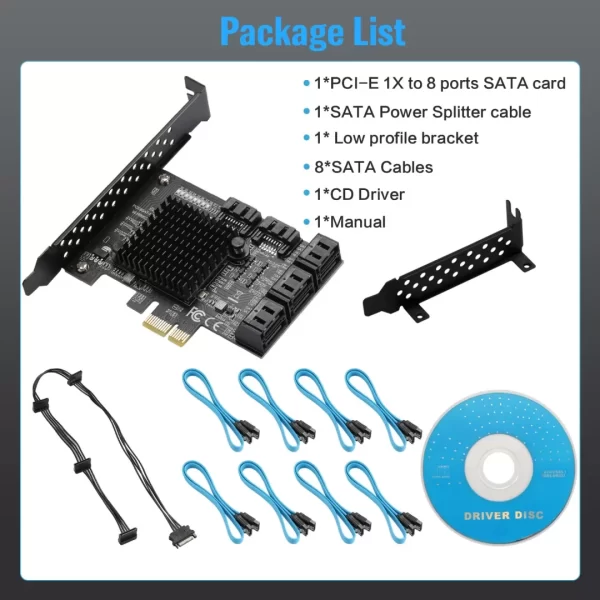 BEYIMEI PCIe SATA Card 8 Ports, with 8 SATA Cables, Power Splitter Cable andLow Profile Bracket,SATA 3.0 Controller Expansion Card, PCI-E X1 3.0 Gen3 (6Gbps) Controller Card (ASM1064+JMB575)