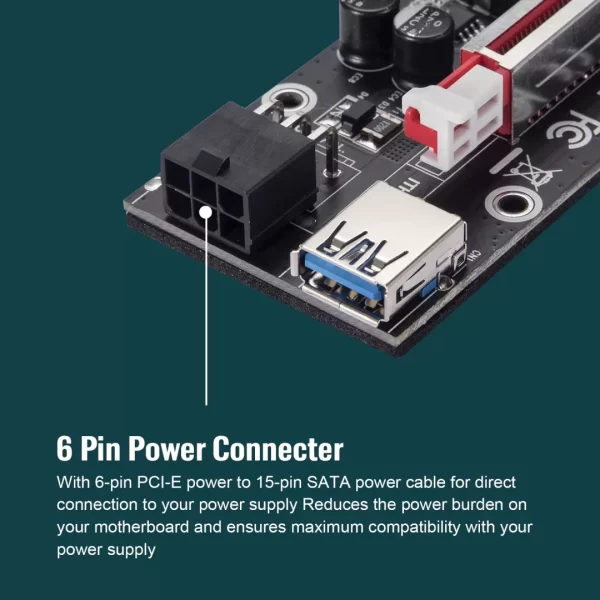BEYIMEI PCI-E 1X to 16X Riser Card, with 0.6 m USB 3.0 Extension Cable & 6PIN SATA Power Cable - GPU Extender Riser Card - for Bitcoin Ethereum Mining ETH (VER009S,6 Pack)