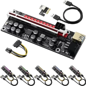 BEYIMEI PCI-E Riser 1X to 16X for Bitcoin GPU Mining Powered Riser Adapter Card,11 Fixed Capacitors,LED Colorful Light Effect,60cm USB 3.0 Cable-for Ethereum ETH Mining (VER014-6 Pack)