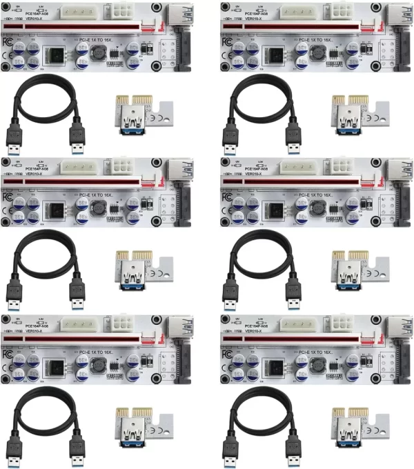 BEYIMEI PCI-E 1X to 16X Riser Card,GPU Riser Adapter Card,with 0.6 m USB 3.0 Extension Cable,6PIN / 4PIN / SATA Interface, for Bitcoin & Crypto Mining Ethereum Mining ETH(VER010-X, 6 Pack)