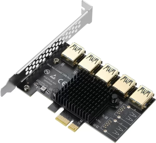 BEYIMEI PCI-E 1 to 5 Riser Card,PCI-E 1X to 5 PCI-E USB3.0 Adapter Multiplier Card,Pcie Splitter 1 to 5 PCIE Riser Card for Bitcoin Ethereum Mining