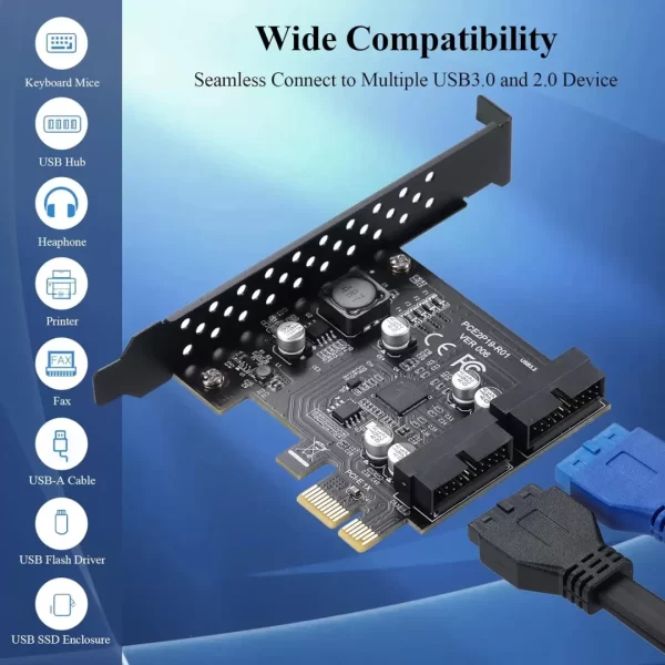 BEYIMEI PCIE 1X to 2 Port 19Pin Expansion Card, USB 3.2 GEN1 Super Speed 5Gbps PCI Express Card for Windows 10, 8.1, 8, 7, XP