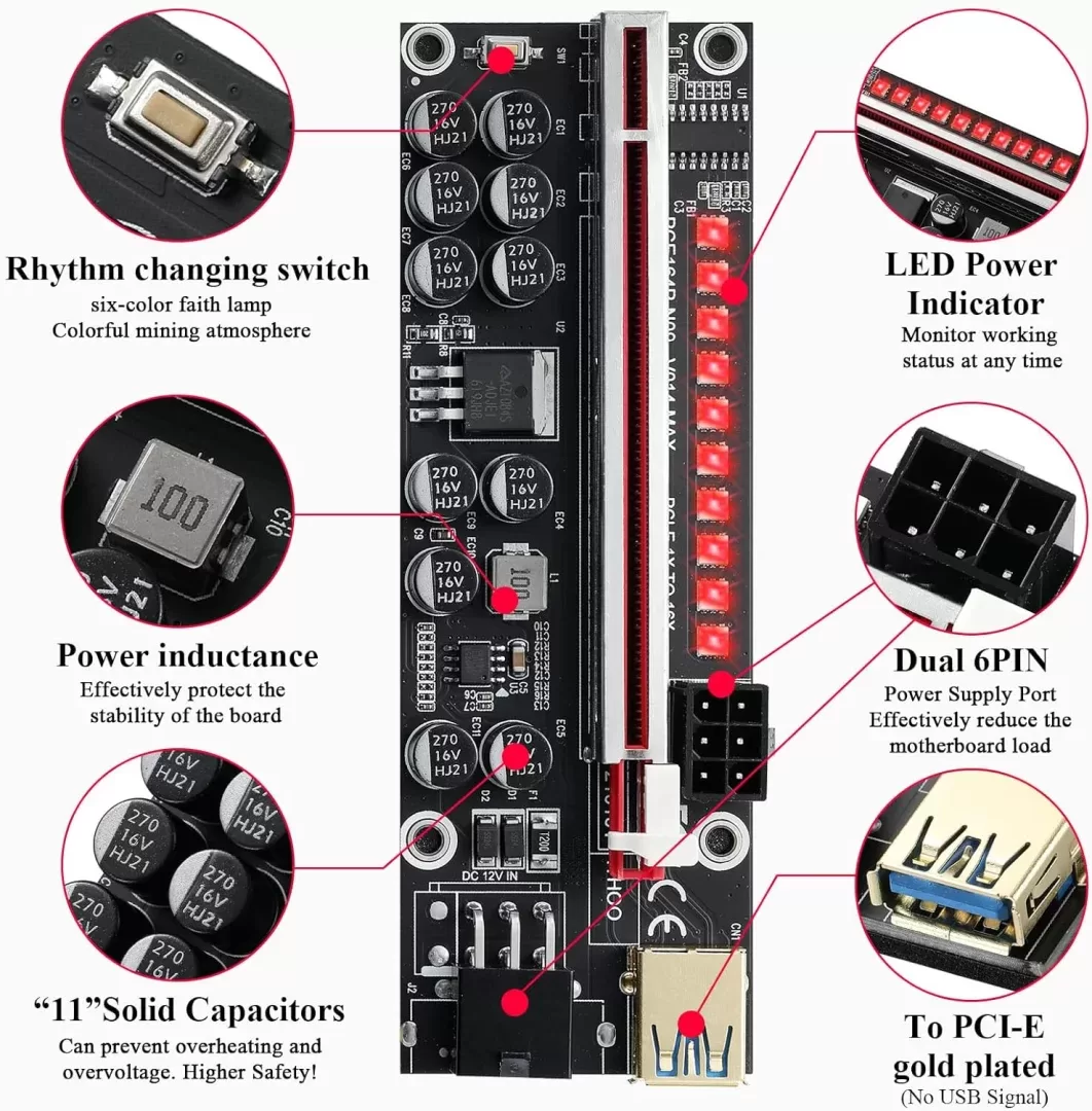 BEYIMEI PCI-E Riser 1X to 16X for Bitcoin GPU Mining Powered Riser Adapter Card,11 Fixed Capacitors,LED Colorful Light Effect,60cm USB 3.0 Cable-for Ethereum ETH Mining (VER014-6 Pack)