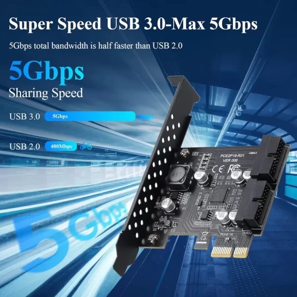 BEYIMEI PCIE 1X to 2 Port 19Pin Expansion Card, USB 3.2 GEN1 Super Speed 5Gbps PCI Express Card for Windows 10, 8.1, 8, 7, XP