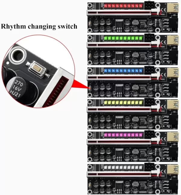 BEYIMEI PCI-E Riser 1X to 16X for Bitcoin GPU Mining Powered Riser Adapter Card,11 Fixed Capacitors,LED Colorful Light Effect,60cm USB 3.0 Cable-for Ethereum ETH Mining (VER014-6 Pack)