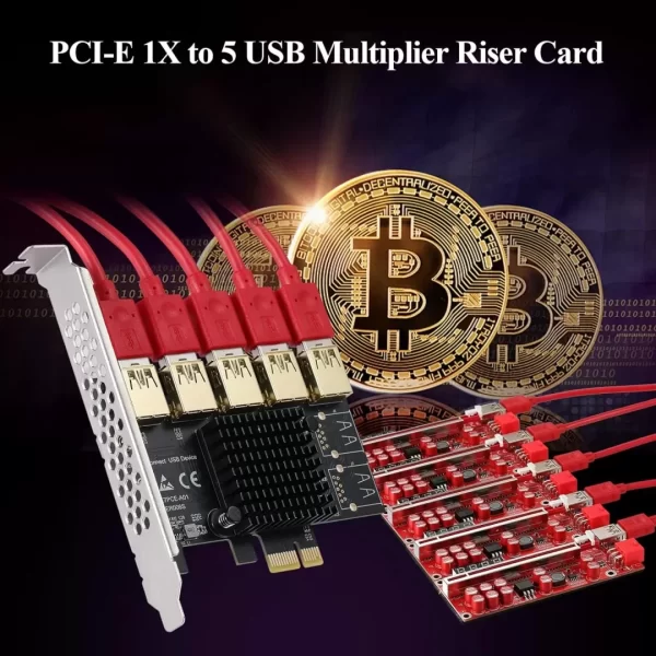BEYIMEI PCI-E 1 to 5 Riser Card,PCI-E 1X to 5 PCI-E USB3.0 Adapter Multiplier Card,Pcie Splitter 1 to 5 PCIE Riser Card for Bitcoin Ethereum Mining