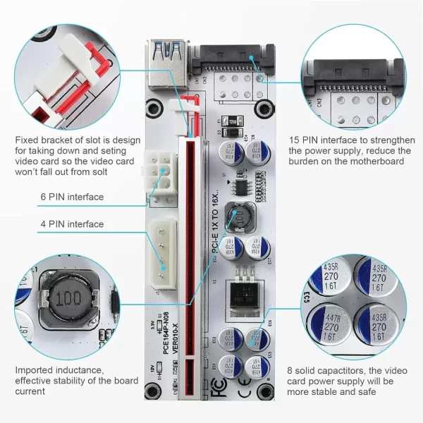 BEYIMEI PCI-E 1X to 16X Riser Card,GPU Riser Adapter Card,with 0.6 m USB 3.0 Extension Cable,6PIN / 4PIN / SATA Interface, for Bitcoin & Crypto Mining Ethereum Mining ETH(VER010-X, 6 Pack)