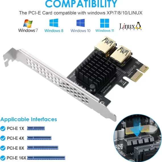 BEYIMEI PCI-E 1 to 2 Riser Card,Pcie Splitter 1 to 2 PCIE Riser Card,PCI-E 1X to External 2 PCI-E USB 3.0 Adapter Multiplier Card for Bitcoin Ethereum Mining