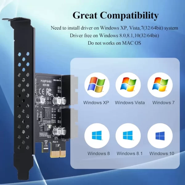 BEYIMEI PCIE 1X to 2 Port 19Pin Expansion Card, USB 3.2 GEN1 Super Speed 5Gbps PCI Express Card for Windows 10, 8.1, 8, 7, XP