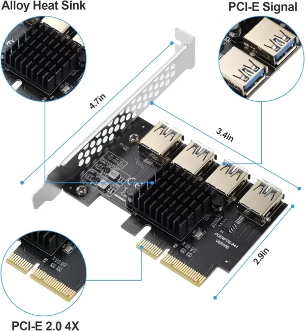 BEYIMEI PCI-E 4X to 4 PCI-Express 16X Slots Riser Card,PCI-E 4X to External 4 PCI-E USB 3.0 Adapter Multiplier Card for Bitcoin Mining