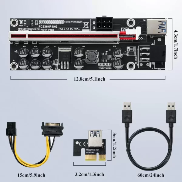 BEYIMEI PCI-E 1X to 16X Riser Card, for Bitcoin Ethereum Mining ETH,10 Capacitors,with 0.6 m USB 3.0 Extension Cable & 6PIN SATA Power Cable - GPU Extender Riser Card - (V011-PRO,6 Pack)